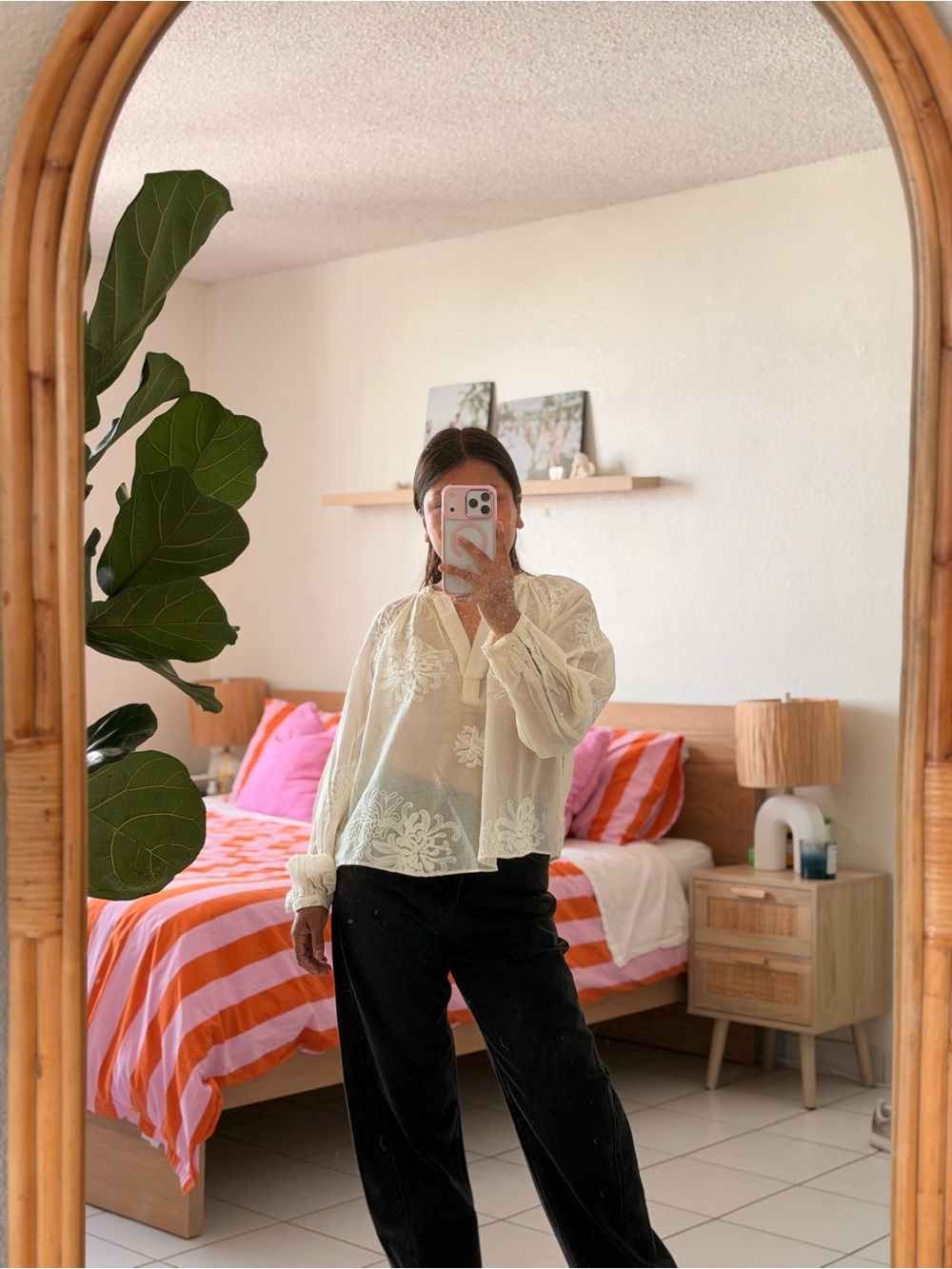 H&M Cream Sheer Embroidered Blouse